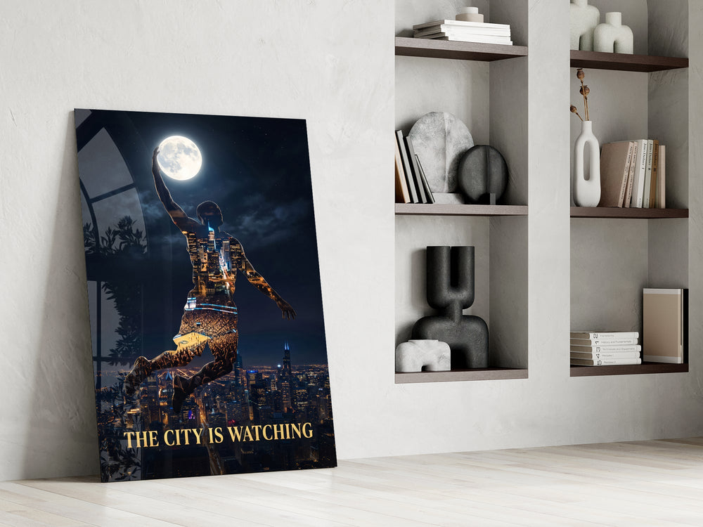 Palming The Moon City Skyline Glass Wall Art