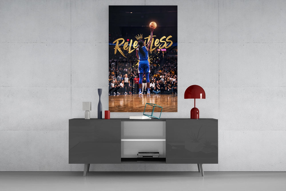Relentless Gold Crown Basketball Jump Glass Wall Art