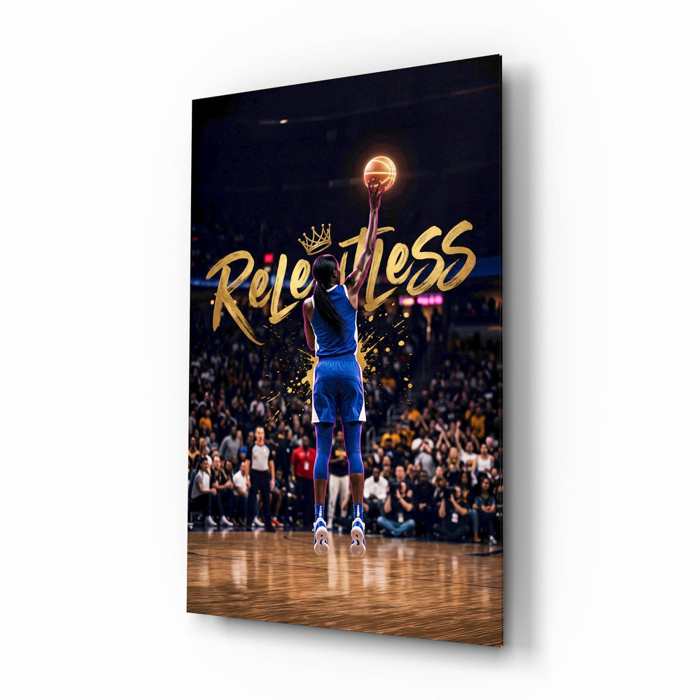 Relentless Gold Crown Basketball Jump Glass Wall Art