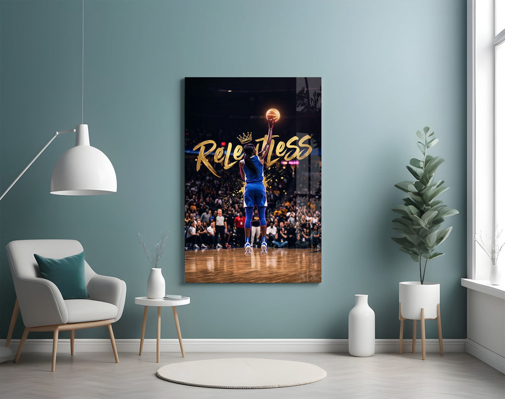 Relentless Gold Crown Basketball Jump Glass Wall Art
