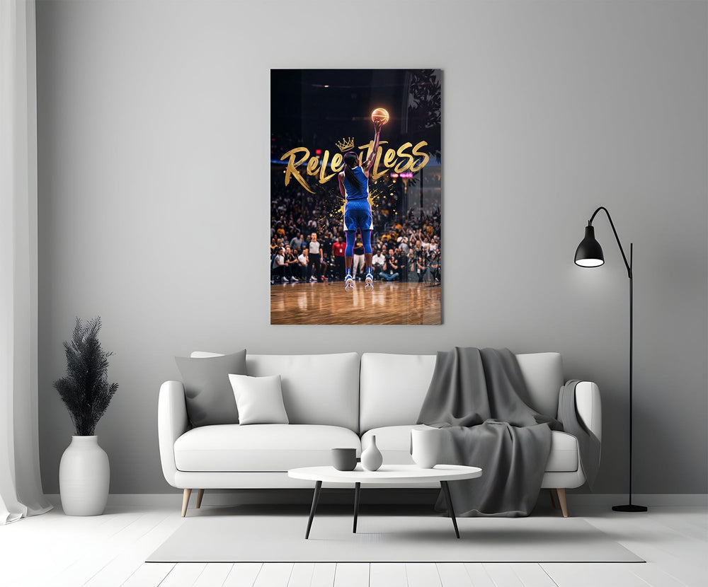 Relentless Gold Crown Basketball Jump Glass Wall Art