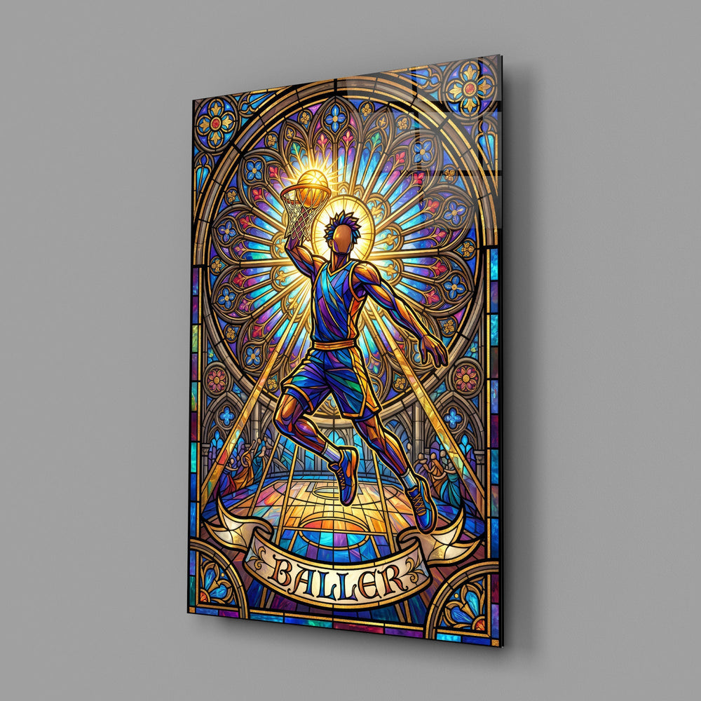 Baller Stained Glass Basketball Player Glass Wall Art
