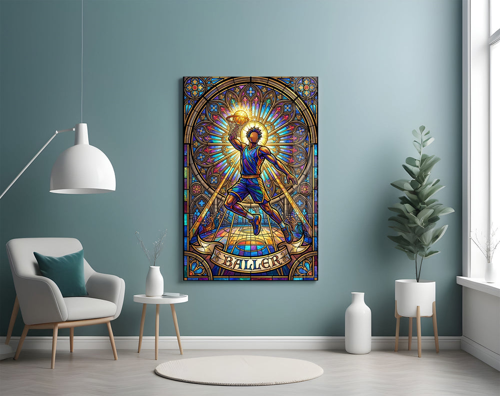 Baller Stained Glass Basketball Player Glass Wall Art