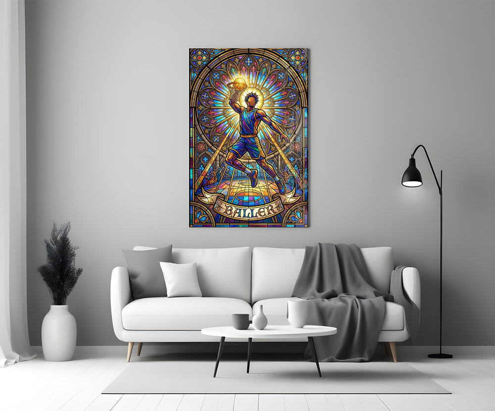 Baller Stained Glass Basketball Player Glass Wall Art