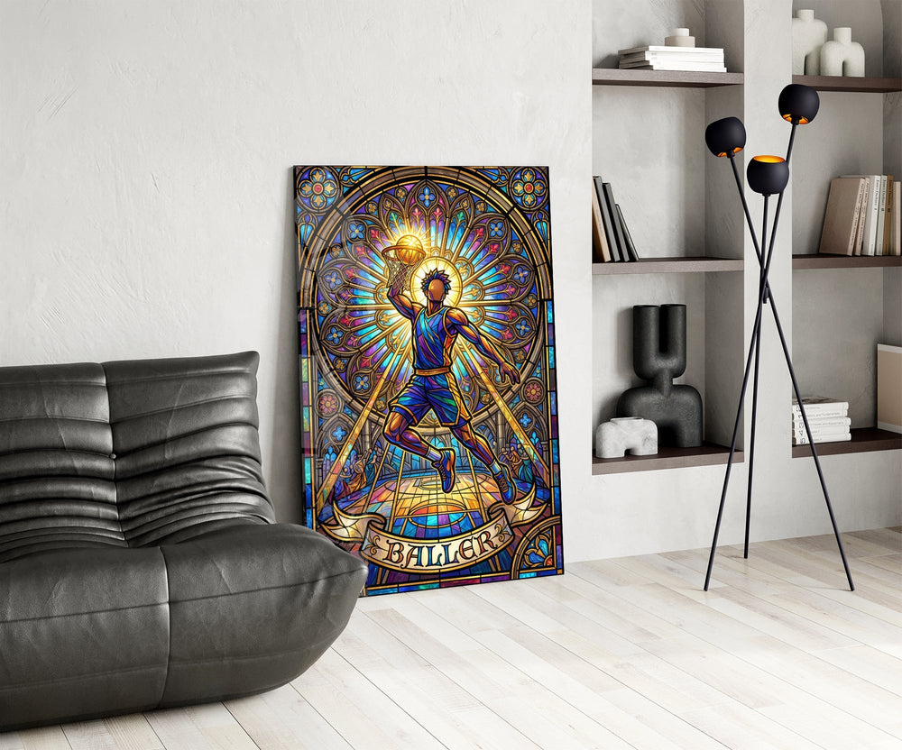 Baller Stained Glass Basketball Player Glass Wall Art