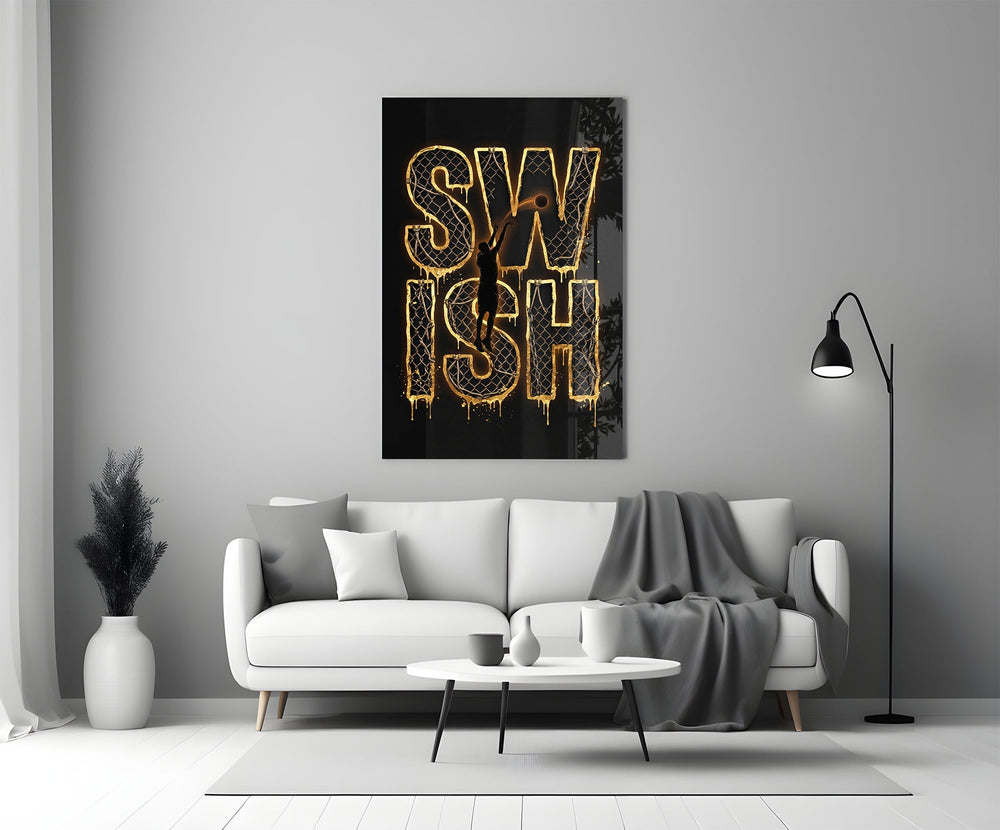 Swish Gold Net Typography Basketball Glass Wall Art