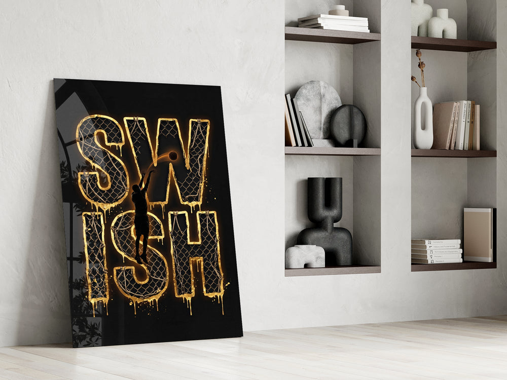 Swish Gold Net Typography Basketball Glass Wall Art