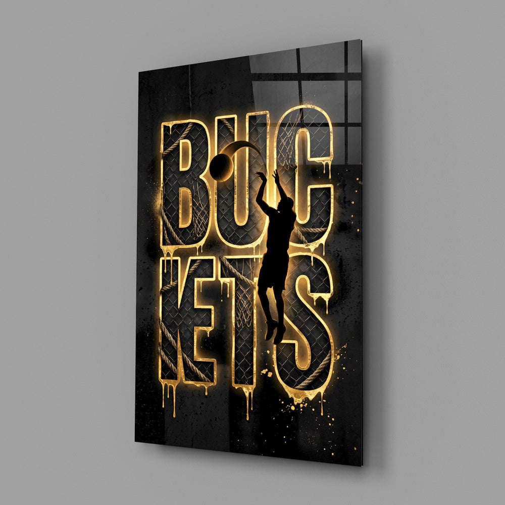 Buckets Gold Basketball Typography Glass Wall Art