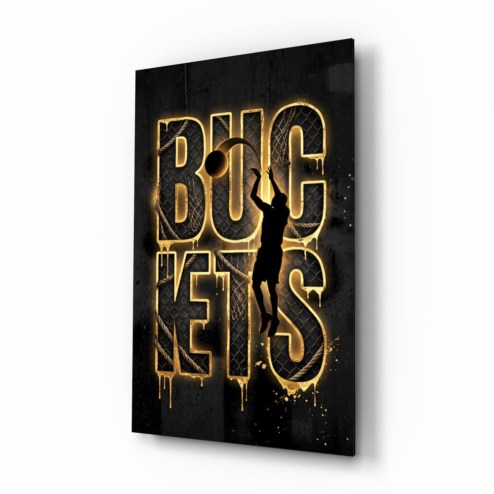 Buckets Gold Basketball Typography Glass Wall Art