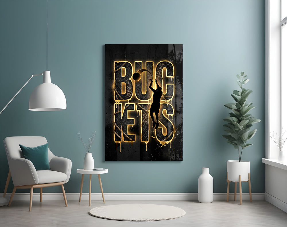 Buckets Gold Basketball Typography Glass Wall Art