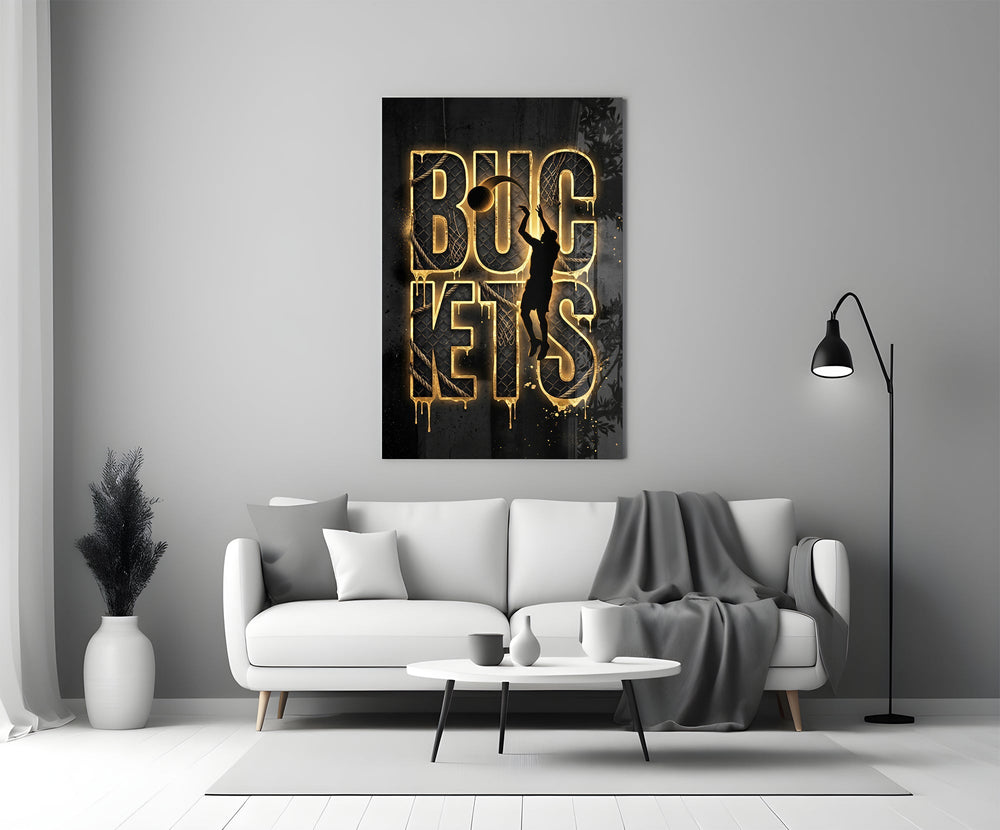 Buckets Gold Basketball Typography Glass Wall Art