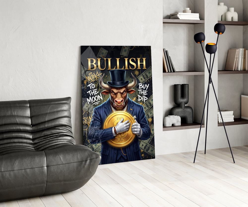 Bullish Gold Coin Bull in Suit Glass Wall Art