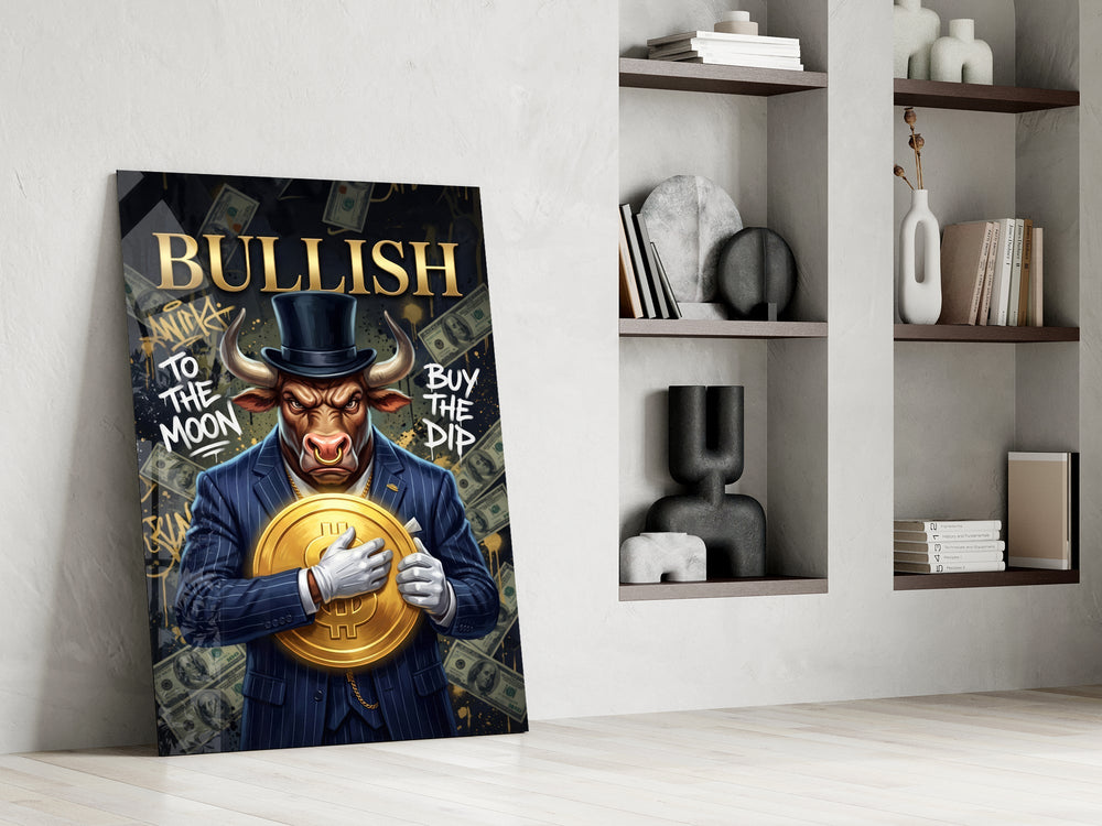Bullish Gold Coin Bull in Suit Glass Wall Art
