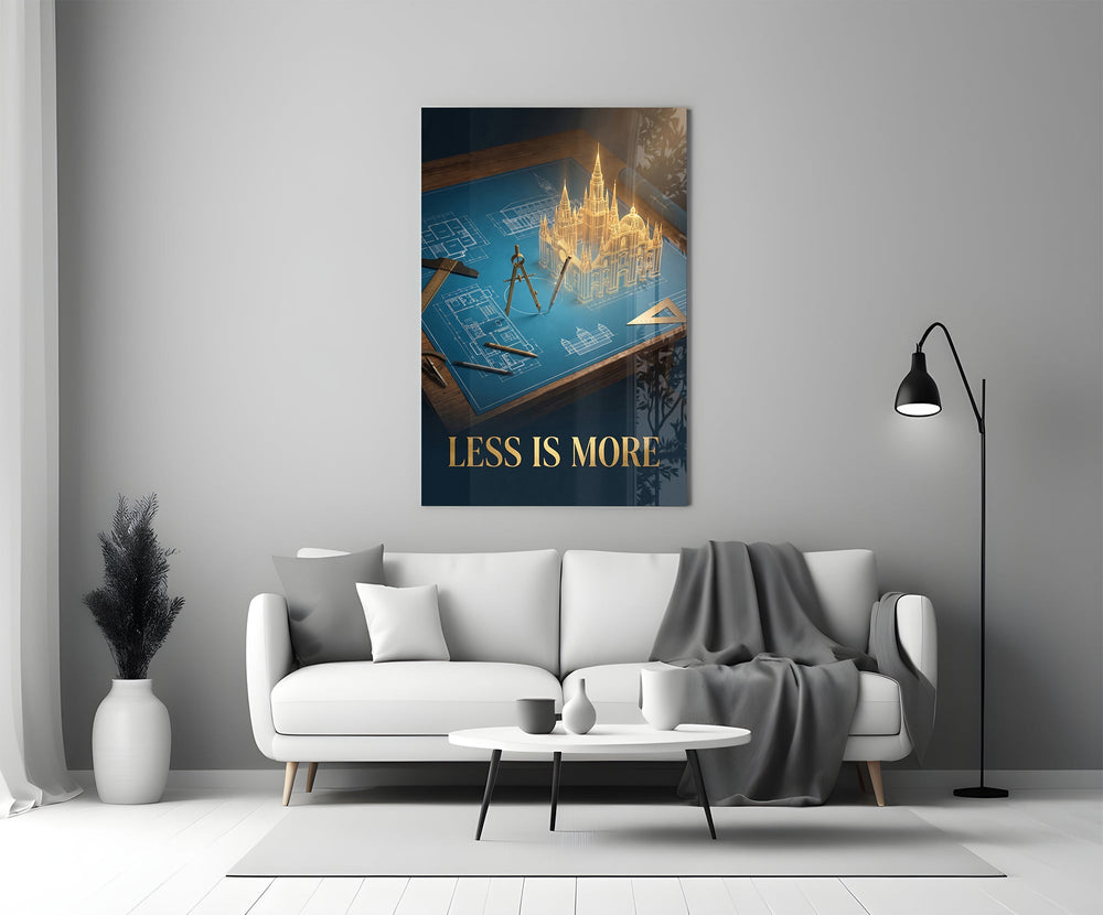 Less Is More Golden Blueprint Glass Wall Art