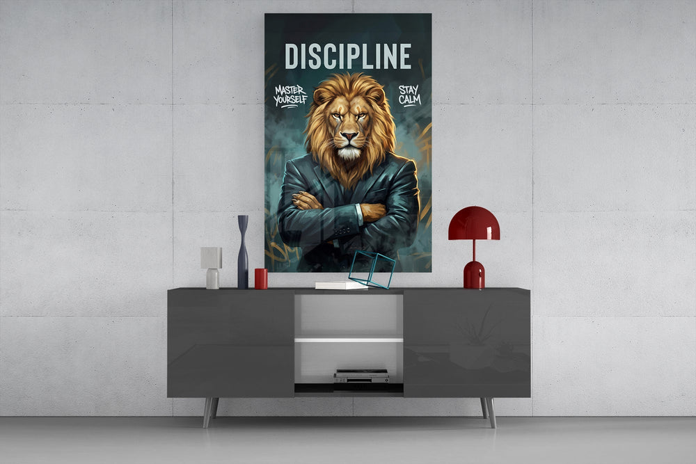 Discipline Lion in Suit Motivational Glass Wall Art