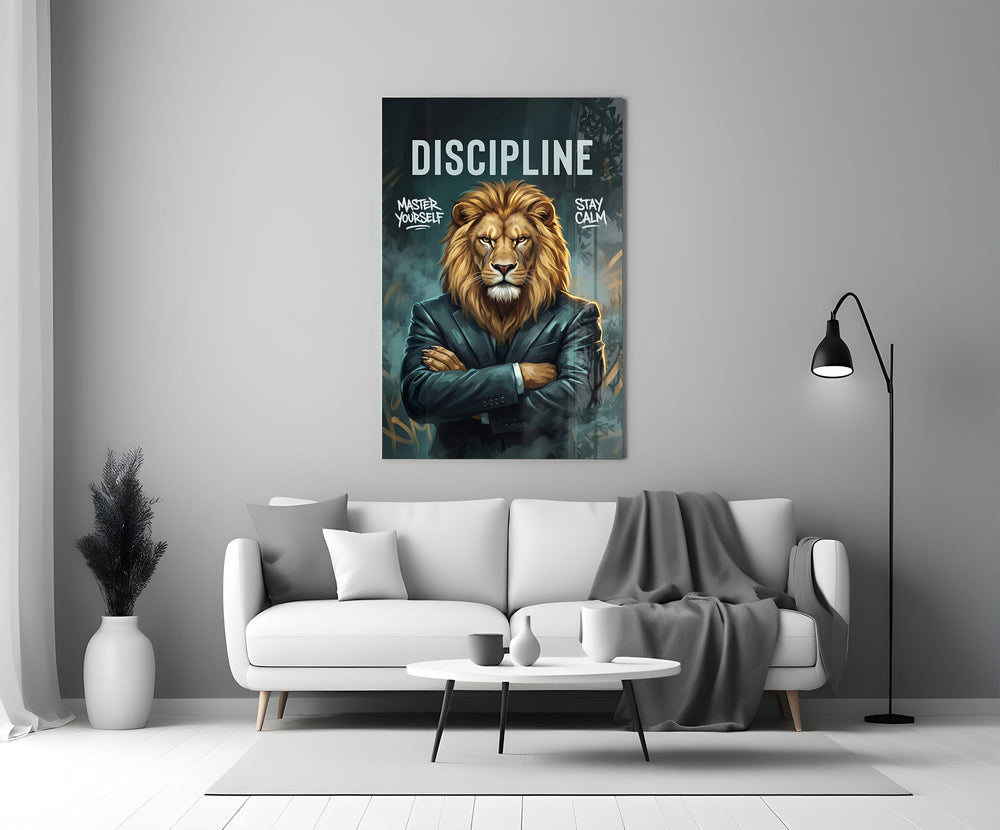 Discipline Lion in Suit Motivational Glass Wall Art