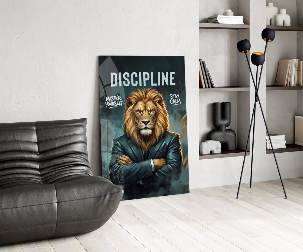 Discipline Lion in Suit Motivational Glass Wall Art
