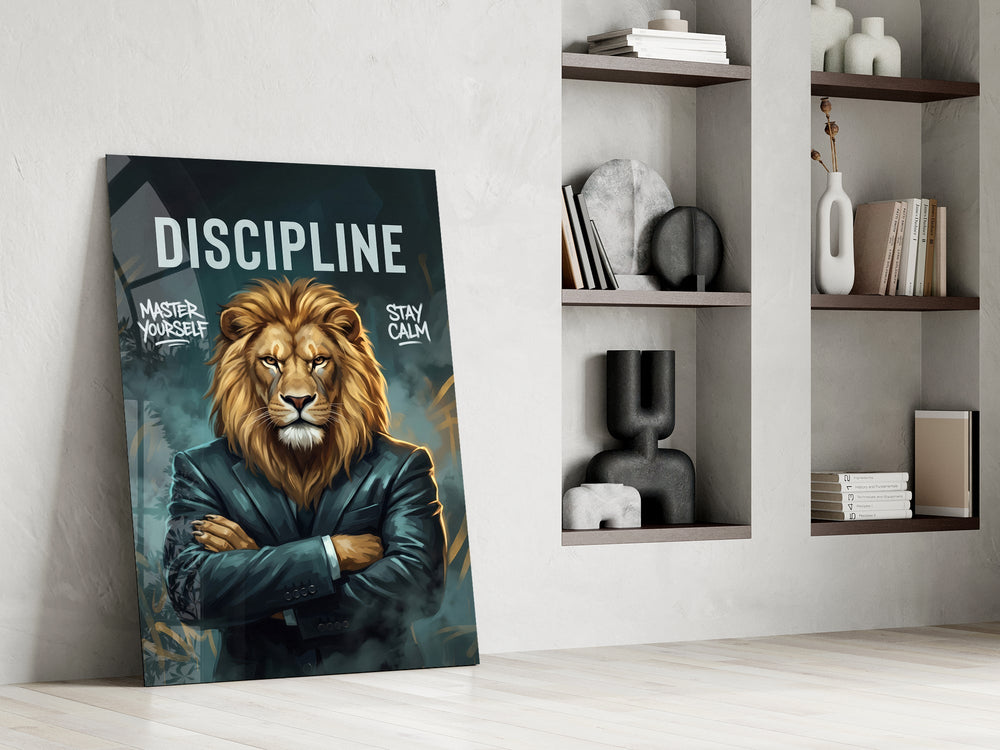Discipline Lion in Suit Motivational Glass Wall Art
