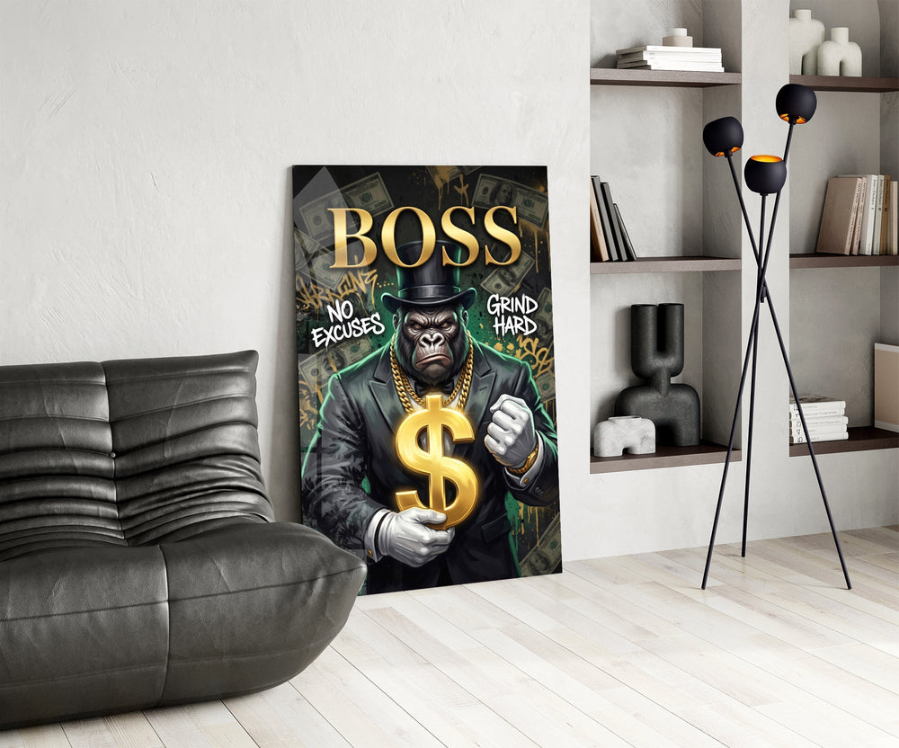 Boss Suited Gorilla Gold Dollar Glass Wall Art