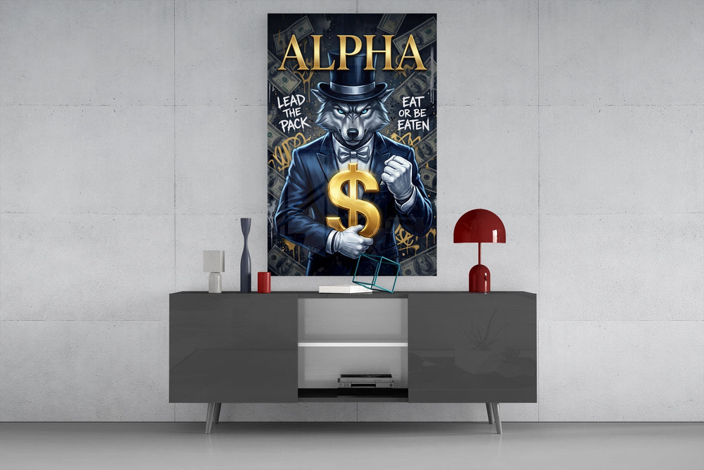 Alpha Suited Wolf Gold Dollar Glass Wall Art