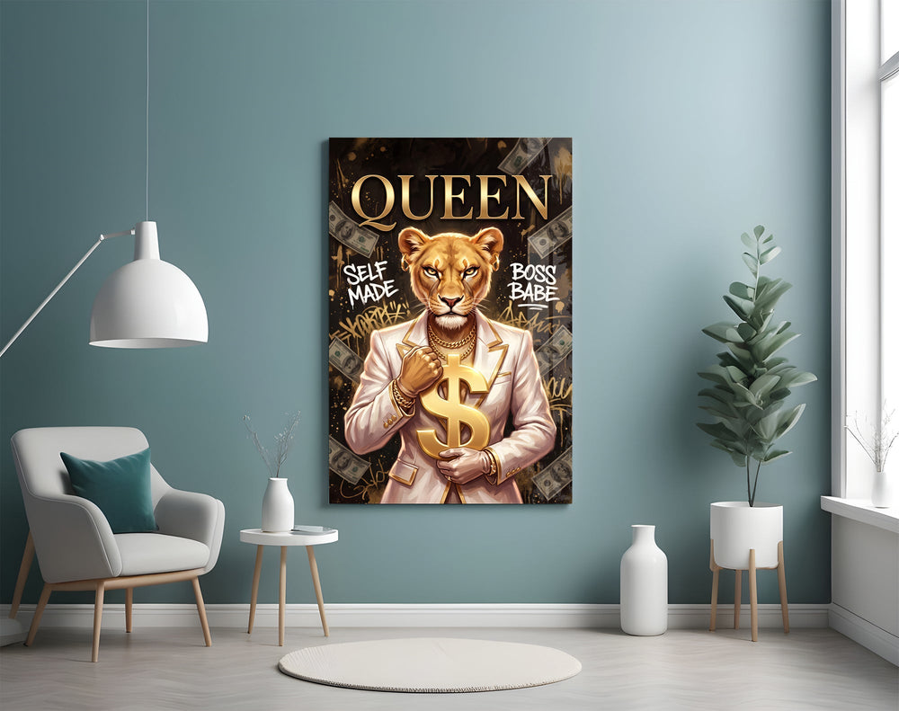 Queen Suited Lioness Gold Dollar Glass Wall Art