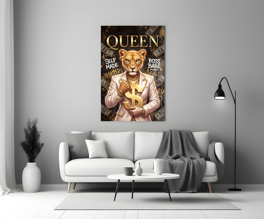 Queen Suited Lioness Gold Dollar Glass Wall Art