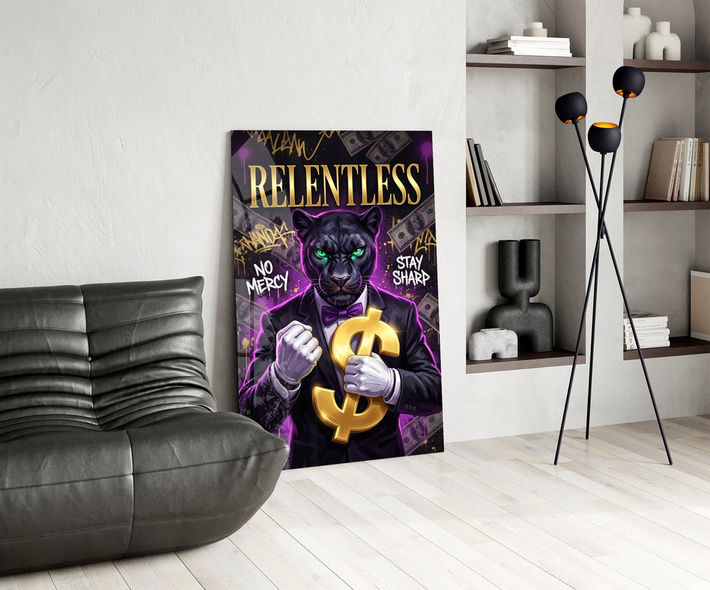 Relentless Suited Panther Gold Dollar Glass Wall Art