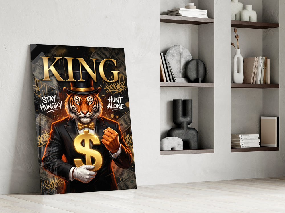 King Suited Tiger Gold Dollar Glass Wall Art