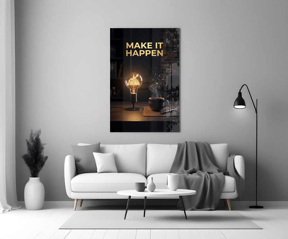 Make It Happen Gold Skyline Bulb Glass Wall Art
