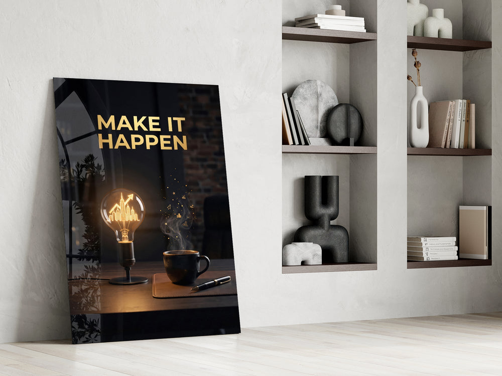Make It Happen Gold Skyline Bulb Glass Wall Art