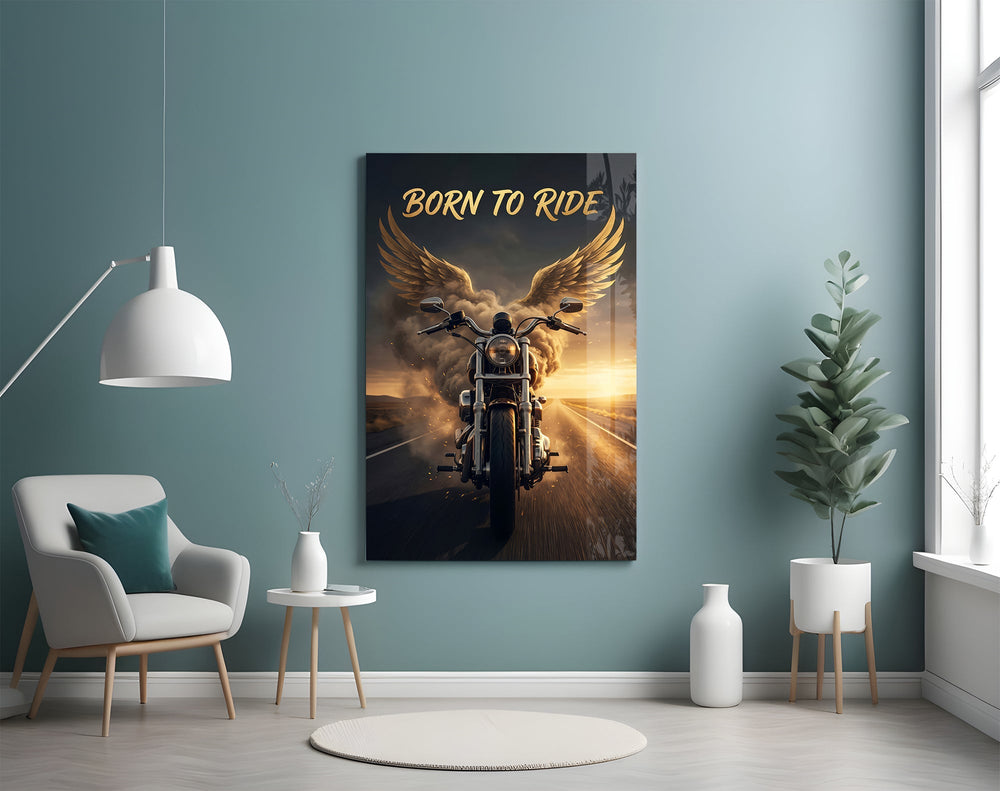 Born to Ride Winged Motorcycle Sunset Glass Wall Art