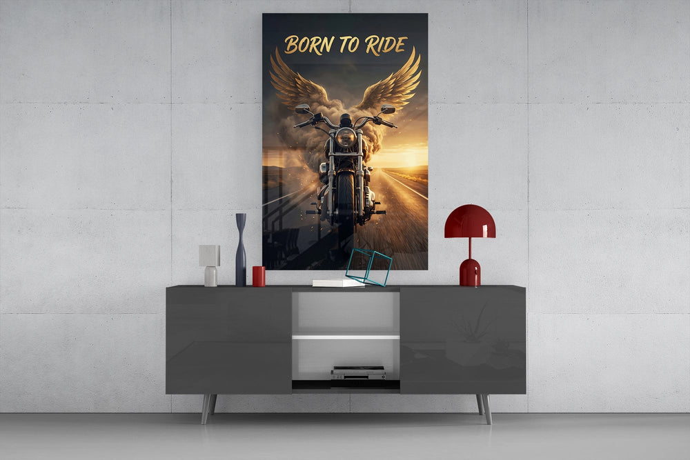 Born to Ride Winged Motorcycle Sunset Glass Wall Art