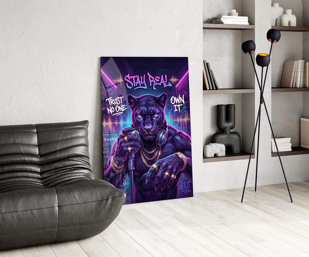 Stay Real Neon Panther Rapper Glass Wall Art