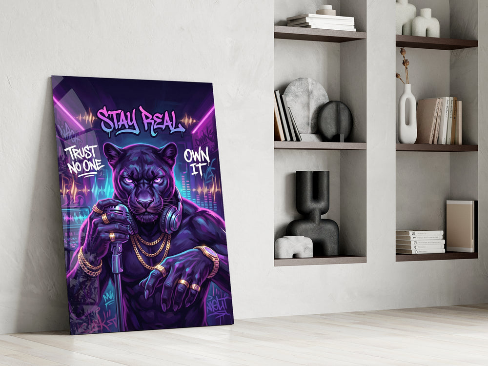 Stay Real Neon Panther Rapper Glass Wall Art