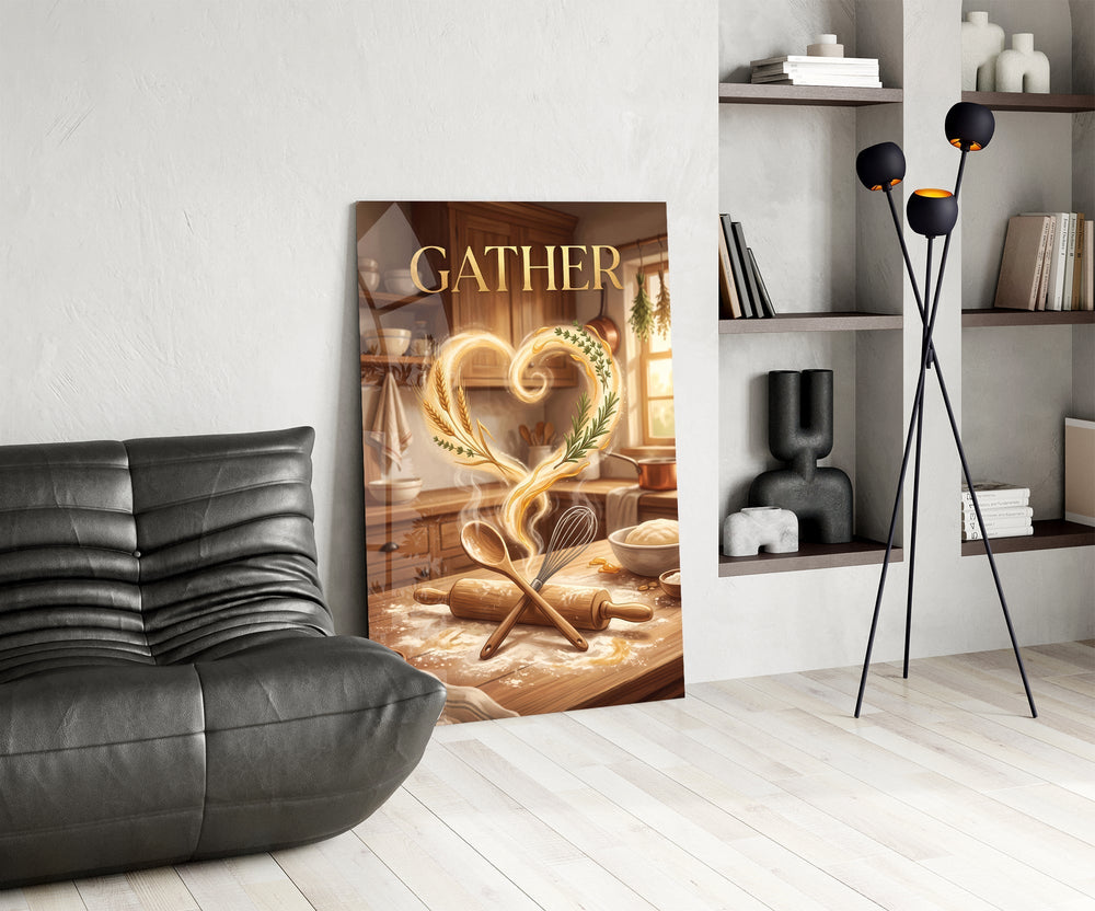 Gather Golden Flour Heart Kitchen Glass Wall Art