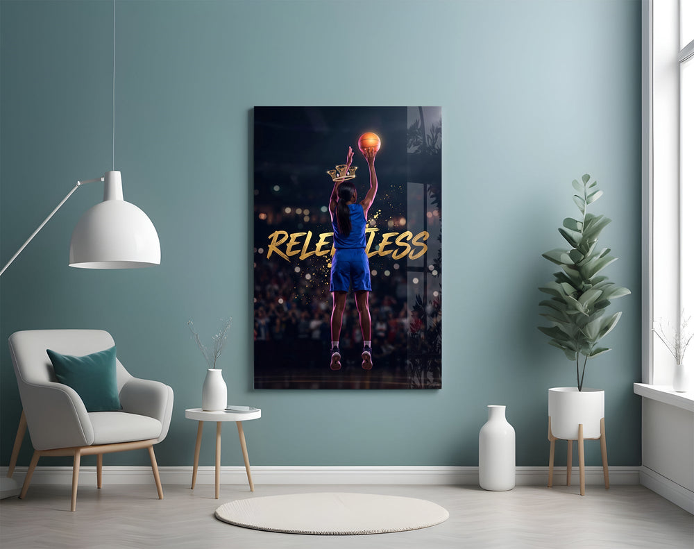 Relentless Basketball Crown Hoop Glass Wall Art