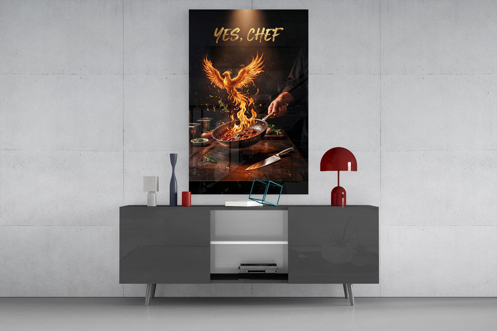 Yes Chef Fire Phoenix Flaming Pan Glass Wall Art