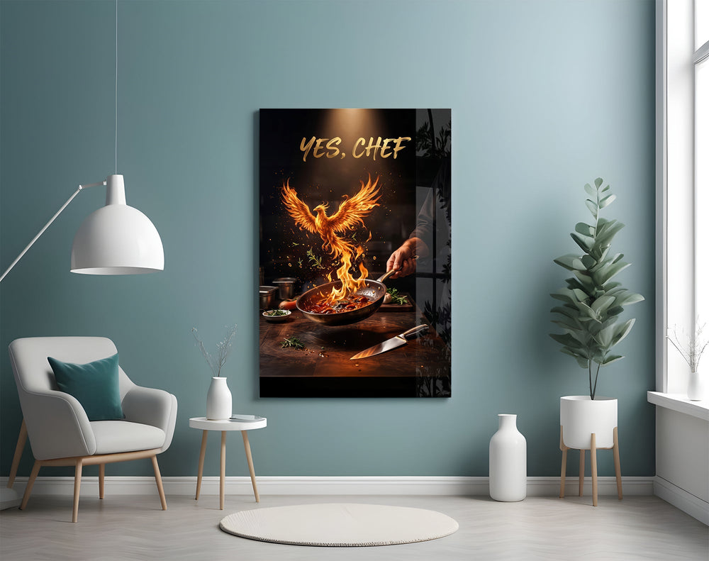 Yes Chef Fire Phoenix Flaming Pan Glass Wall Art