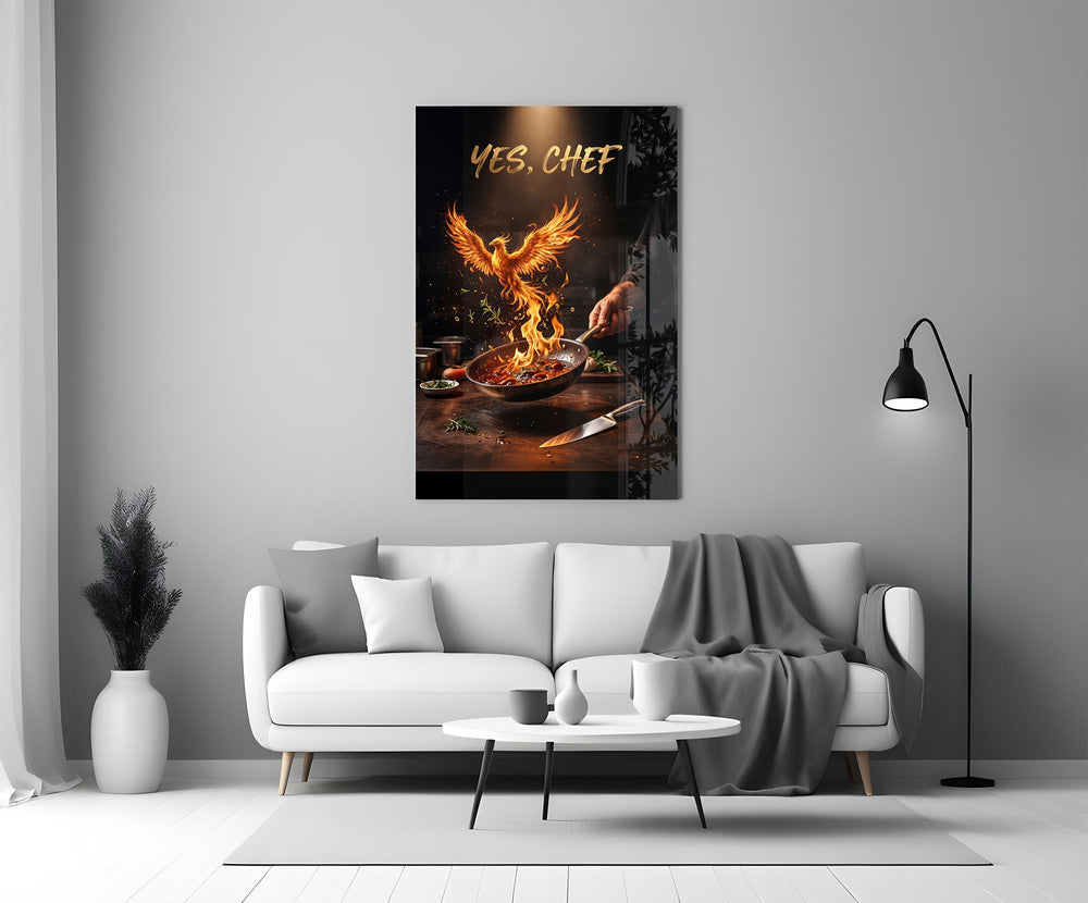 Yes Chef Fire Phoenix Flaming Pan Glass Wall Art
