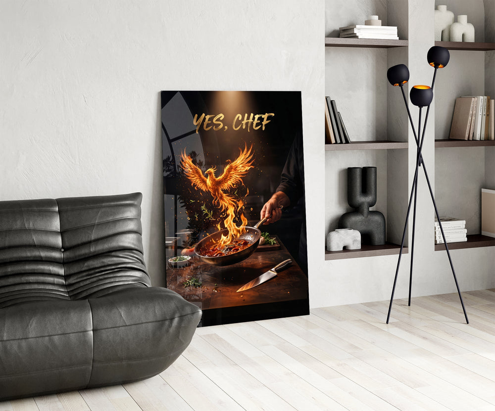 Yes Chef Fire Phoenix Flaming Pan Glass Wall Art