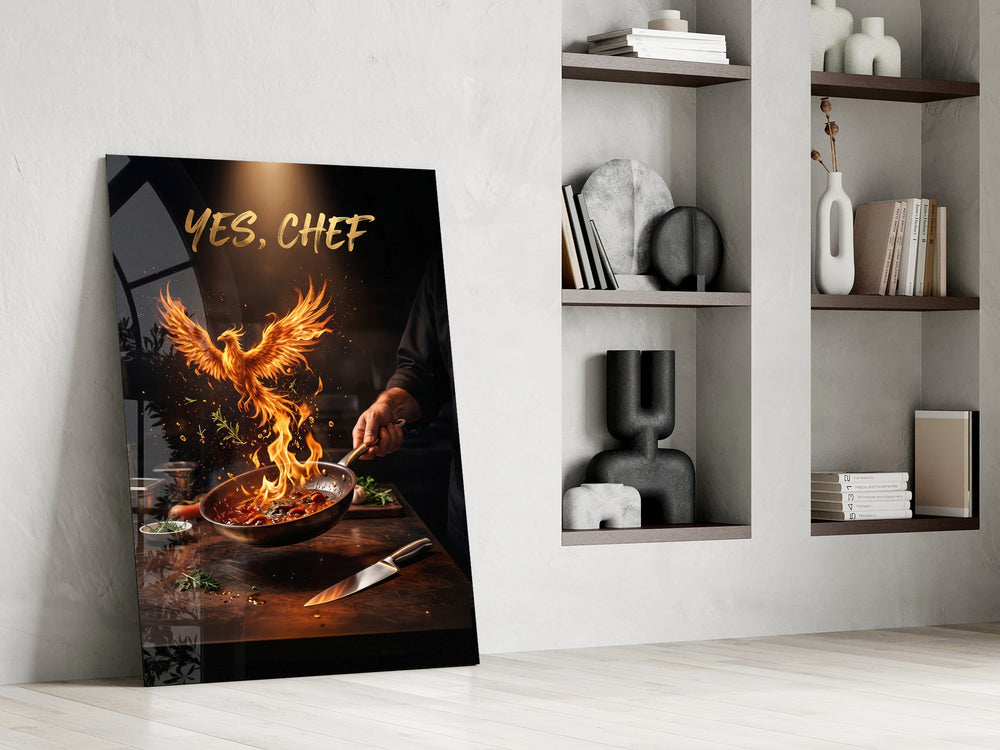 Yes Chef Fire Phoenix Flaming Pan Glass Wall Art