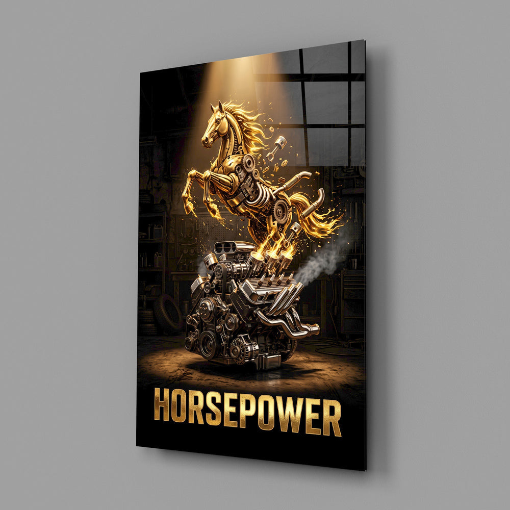 Horsepower Golden Engine Horse Glass Wall Art