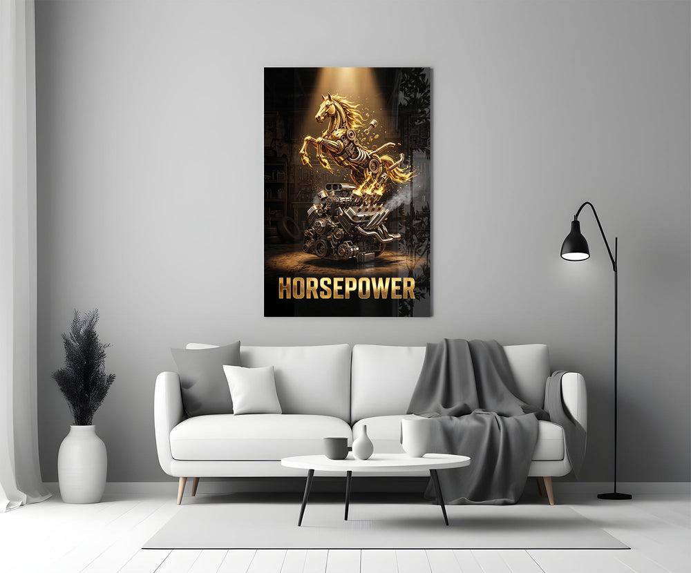 Horsepower Golden Engine Horse Glass Wall Art