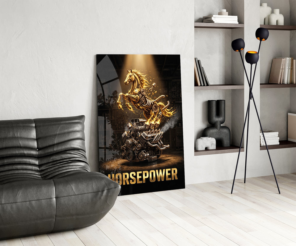 Horsepower Golden Engine Horse Glass Wall Art