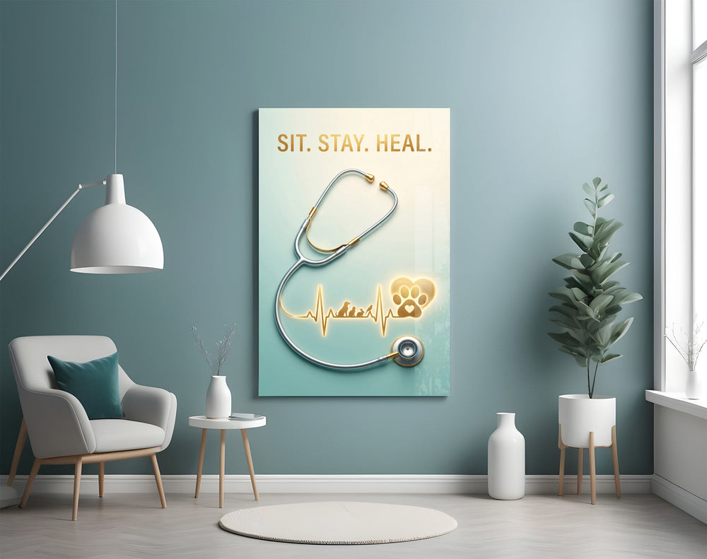 Sit Stay Heal Veterinary Stethoscope Glass Wall Art