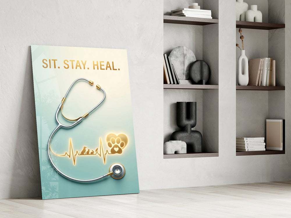Sit Stay Heal Veterinary Stethoscope Glass Wall Art