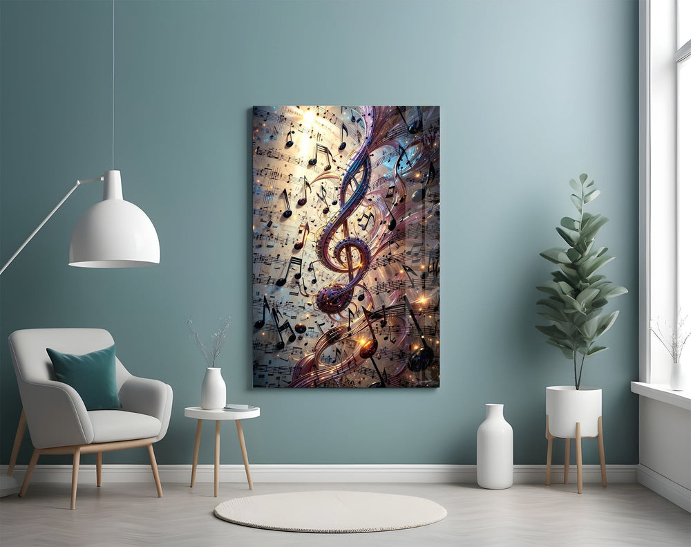 Luminous Treble Clef Music Notes Glass Wall Art