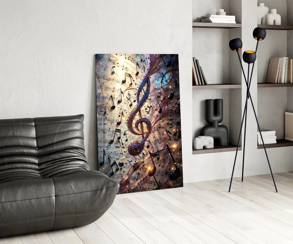 Luminous Treble Clef Music Notes Glass Wall Art