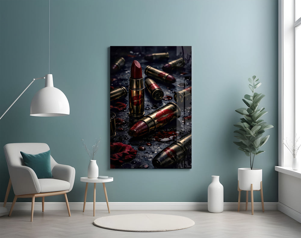 Lipstick and Bullets Red Kiss Glass Wall Art