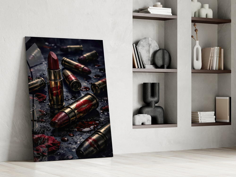 Lipstick and Bullets Red Kiss Glass Wall Art